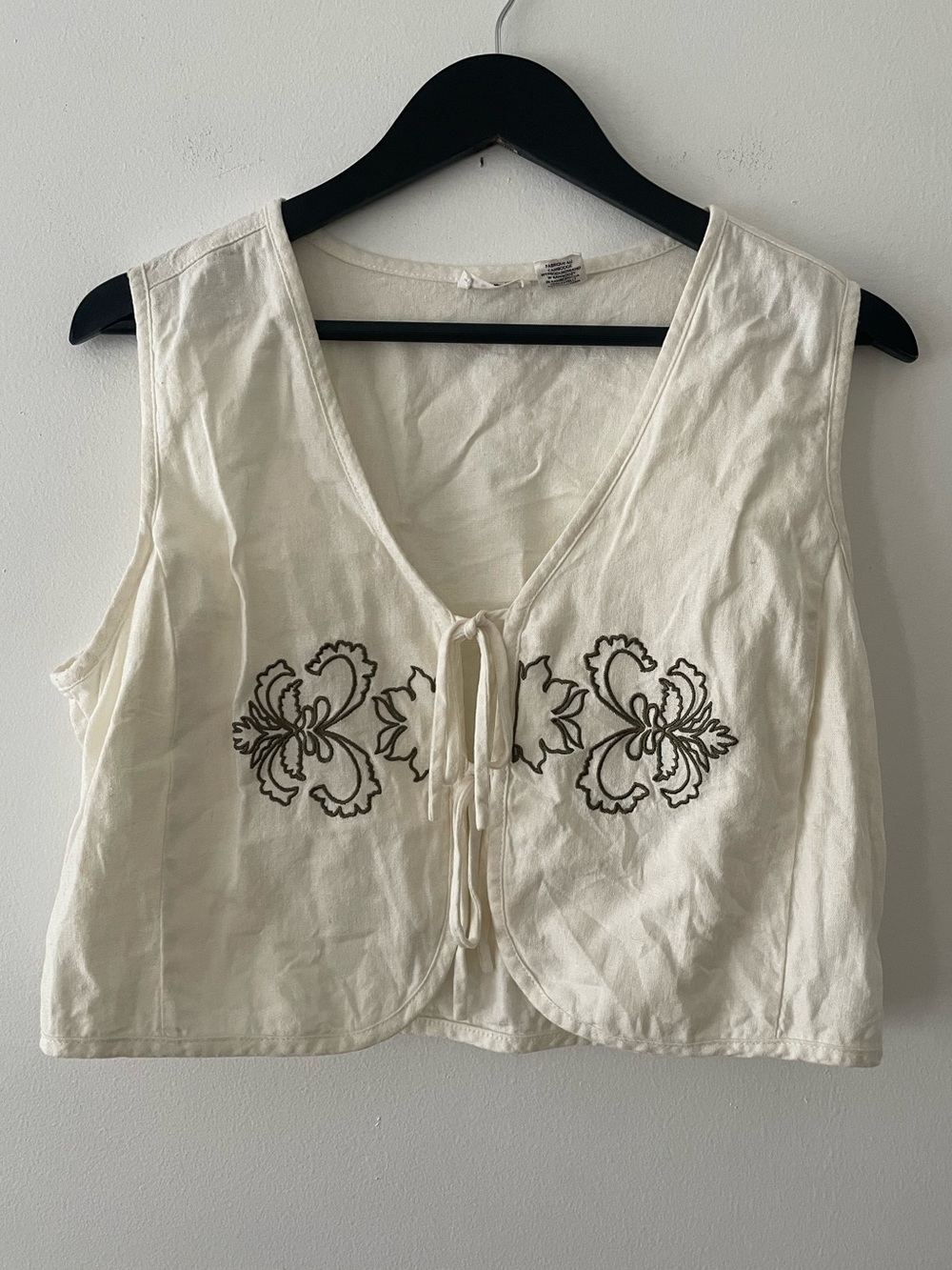 Nicole Miller Linen Blend Embroidered Tie Front Cropped Vest Size M